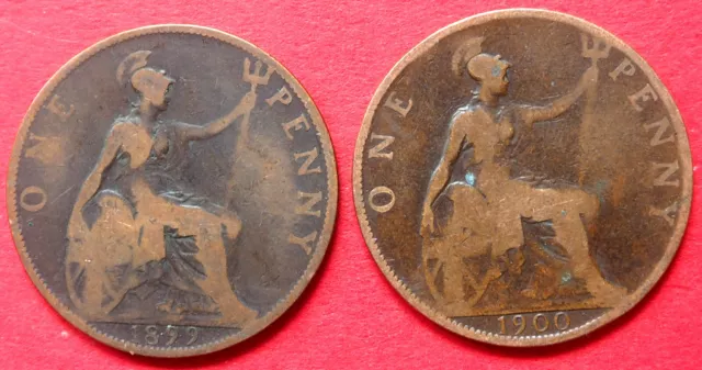 Britain  Pair Consecutive  Queen Victoria  Antique  One Penny Coins  1899 & 1900