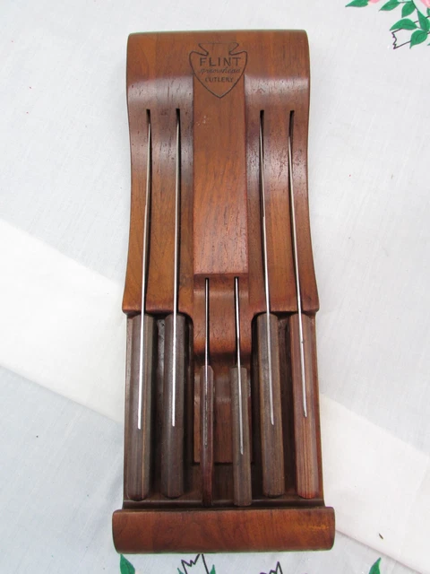Ekco Flint Stainless Vanadium Knife Set w/ Wood Wall Block Vtg