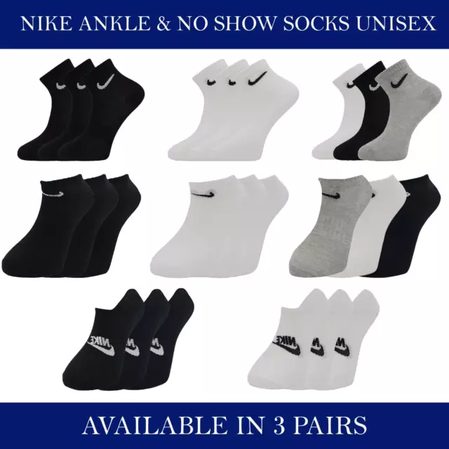 3 Pairs NIKE Logo Sports Ankle & No Show Socks Unisex-Black White Grey Size S-XL