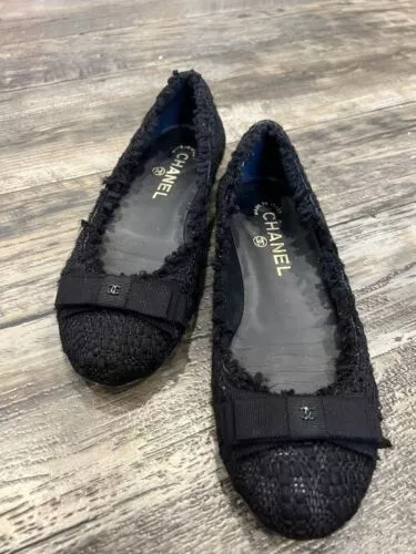 Chanel Tweed Black Ballet Shoes / Flats Size Women's 36 US 6