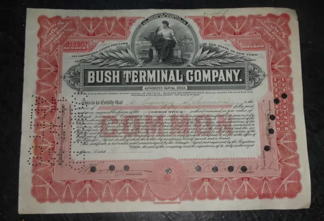 old 54 share stock certificate Bush Terminal 1928