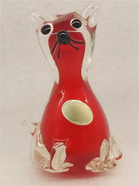Vintage Murano Blown Glass Red & clear Cat with label 15 cm high