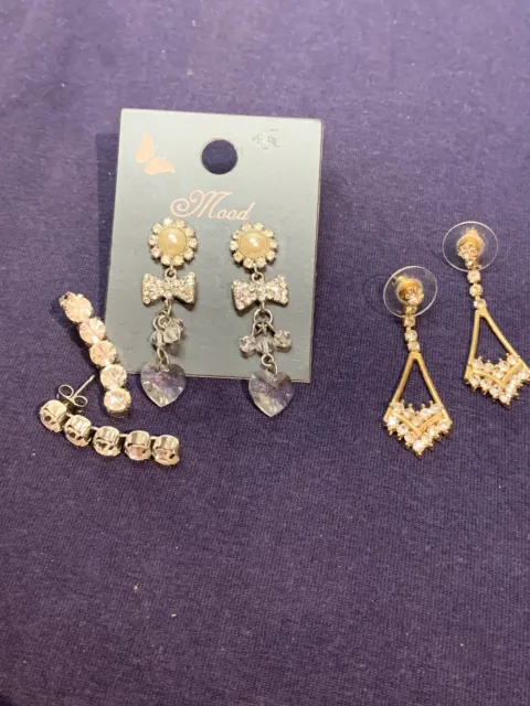 Job Lot 3 Pairs Dangly Earrings Gold & Silver Tone Sparkly Diamanté NWT & Used