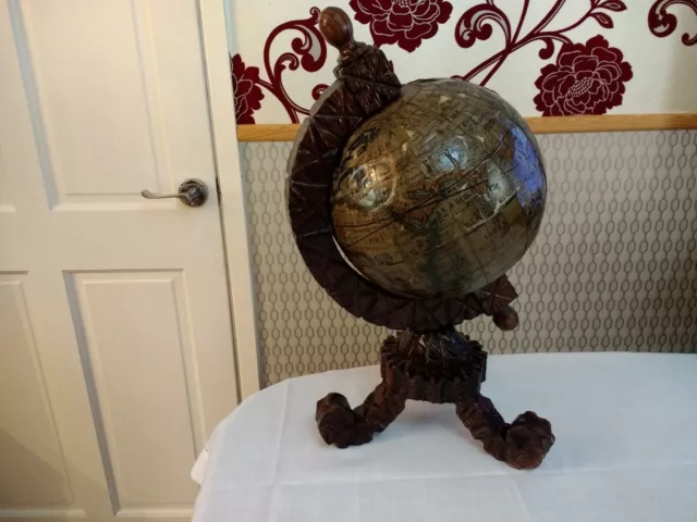 Vintage Rustic Hand Carved Wood Wooden Base Rotating World Globe Home Decor