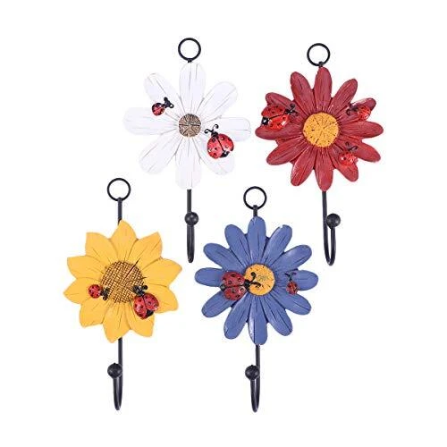 4pcs Painted Flower Resin Wrought Iron Hooks Garden Wall Hanging Door Back