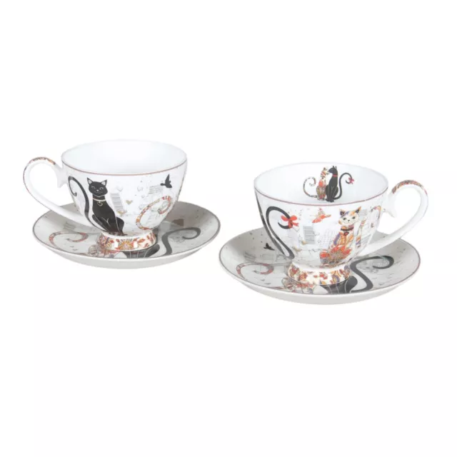 Set of 2 Fine Bone China 250cc Cup & Saucer Set  Cat Couple Embossed