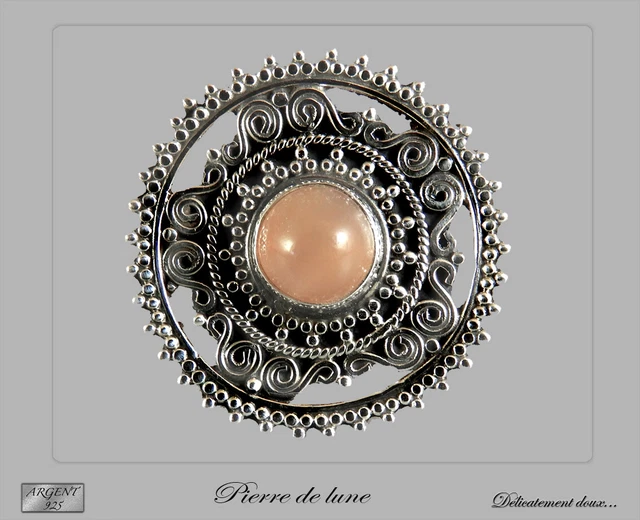 Bague En Argent 925 Avec Pierre De Lune Abricot - Modèle BA-AR-58 Taille 59, Par Délicatement Doux
