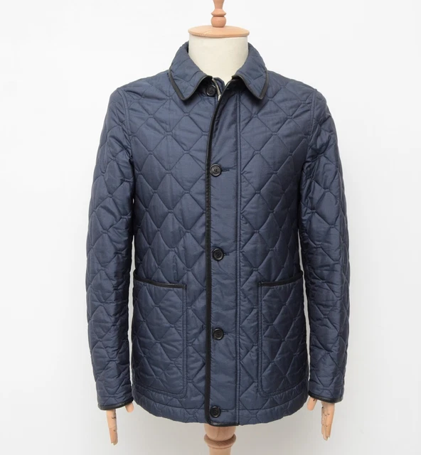 Men's Burberry SILK Quilted Full Zip Blue Jacket Coat Leather Size 50 US40