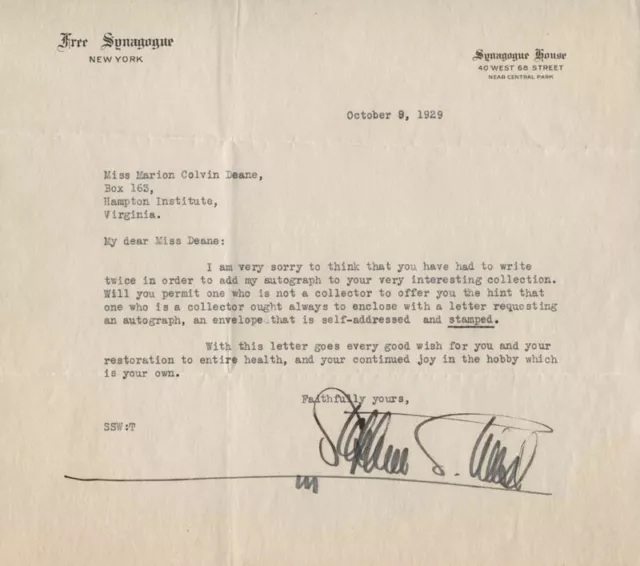 Rabbi Stephen S. Wise - Typed Letter Signed 10/09/1929