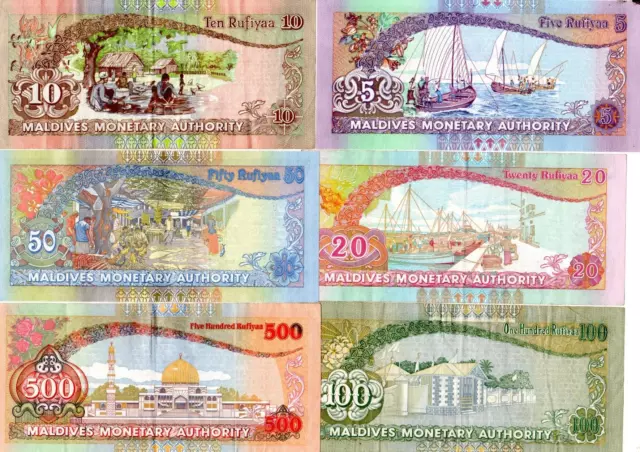 LOT SET SERIE 6 Billets MALDIVES 500 100 50 20 10 5 RUFIYAA 2000 2006 2008 2011 2