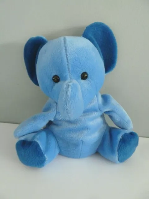 913. PELUCHE DOUDOU SUPER TOYS ELEPHANT  BLEU ht18cm assis BILLES EXC. ETAT