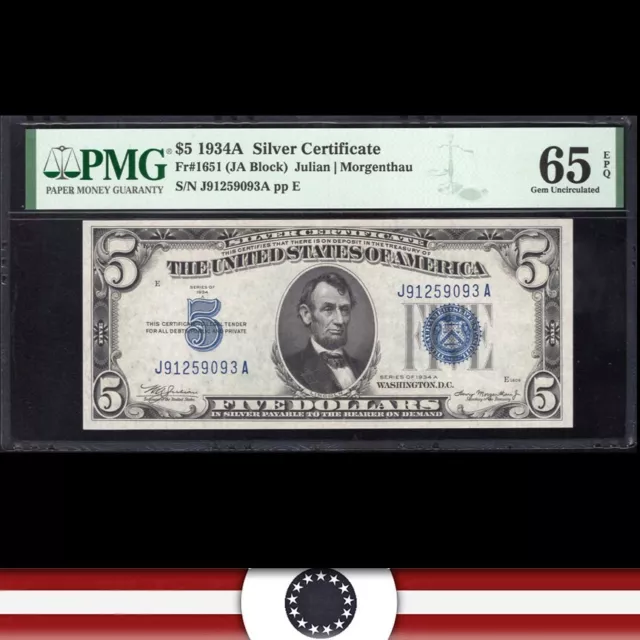 1934-A $5 SILVER CERTIFICATE *J-A Block* PMG 65 EPQ Fr 1651 59093