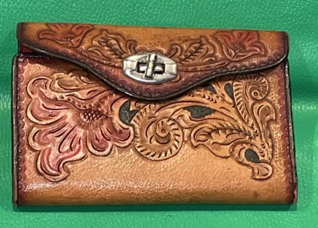 Vintage Boho Western Floral Brown Hand Tooled Leather Clutch Purse Wallet
