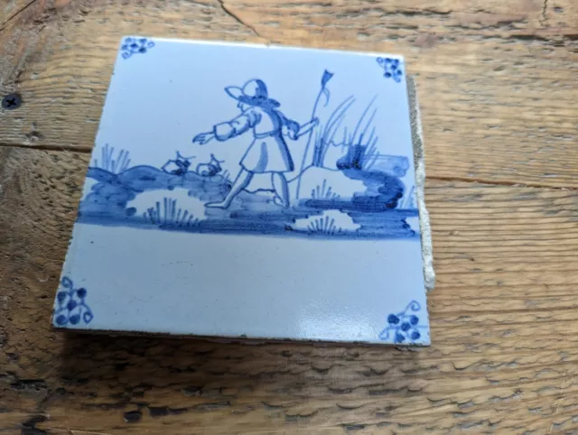 L19th C blue Delft tile, shepherd with sheep & crook, antique exc cond for age