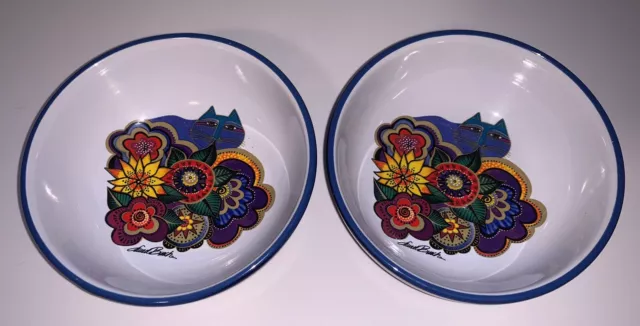 Laurel Burch Carlotta Cat Ceramic Bowls Floral Retired Trinket Saucer Set Of 2