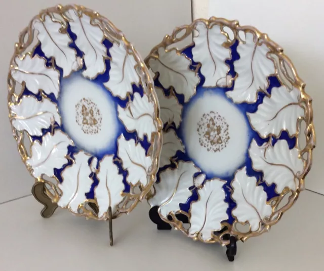 RARE Antique Pair KPM Blue, Gold & White Large Porcelain Plates Circa 1840-1859