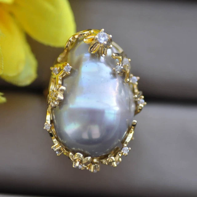 Z10314 Huge 29mm Gray Baroque Keshi Pearl gold-plating CZ Ring