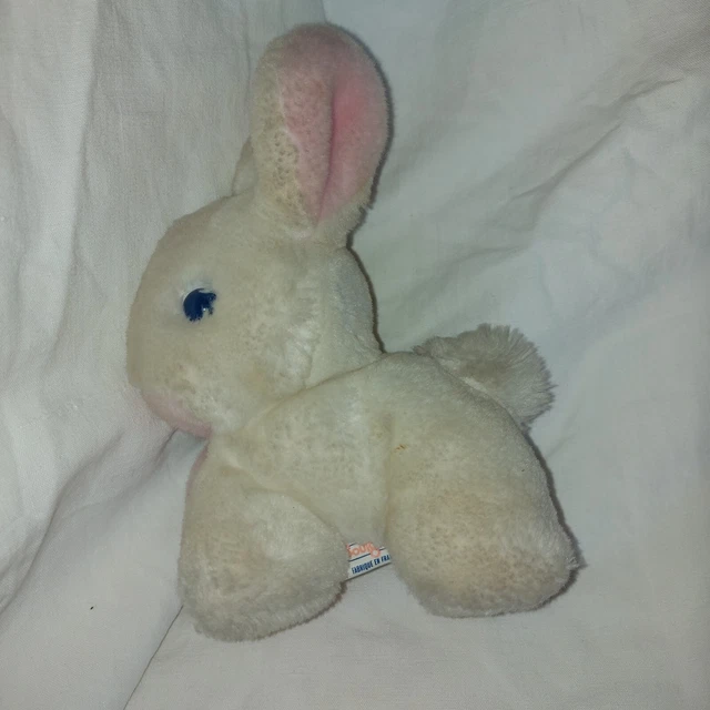 Peluche doudou BOULGOM Petit lapin assis rose blanc pastel/20cm/Vintage TBE