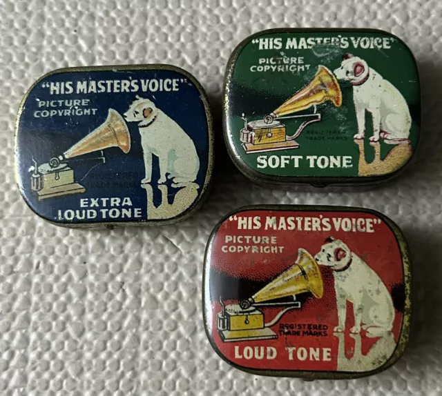 (3) Original HMV His Masters Voice Phonograph Gramophone Needle Tins