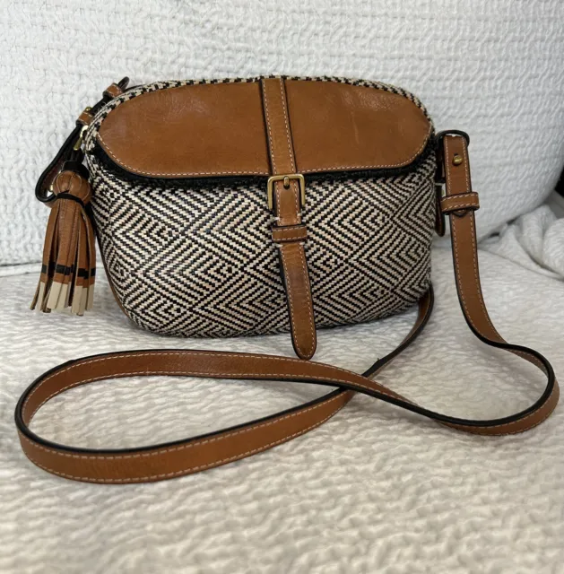 FOSSIL Kendall Shoulder Bag Crossbody Purse Leather /Black Tan Woven Textile •GC