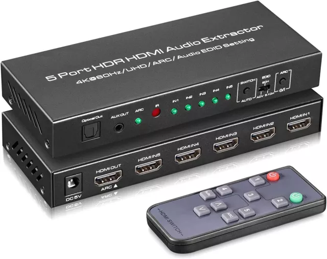 caja de interruptores HDMI 5x1 Ultra HD 4K salida de audio control remoto TV PS4