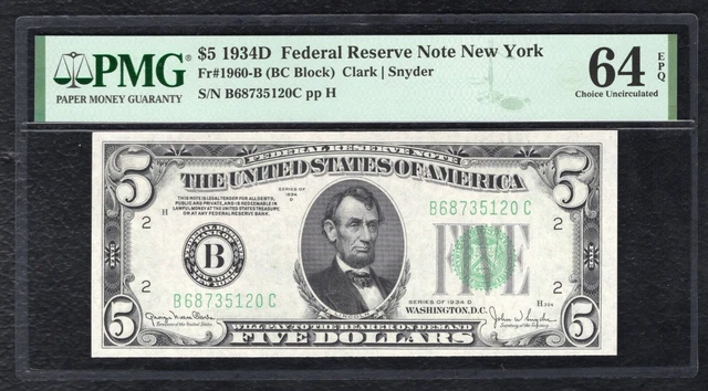 Fr. 1960-B 1934-D $5 Frn Federal Reserve Note New York, Ny Pmg Unc-64Epq