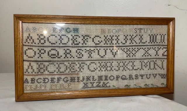 antique 1800's handmade embroidered linen needlepoint sampler 19th century art.
