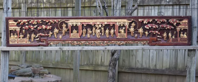 Antique Chinese Red & Gilt Wooden Carved Long Panel, 82"