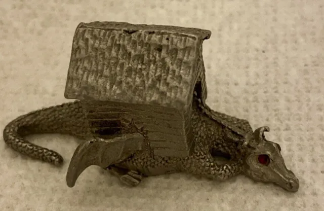 Gallo Pewter VTG  Dragon W/Wings-House On Back Jeweled Red Eyes Miniature Signed