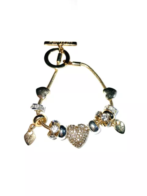 Lipsy Gold Colour Crystal Pave Heart Charm T-Bar Bracelet