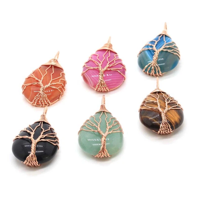 Natural Crystal Quartz Gem Wire Wrapped Tree Of Life Drop Stone Pendant Necklace 2