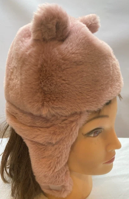 ⭐ NUOVO CON ETICHETTE! ZARA, 1-3 mesi, cappello in pelliccia sintetica rosa scuro con orecchie, chiusura anteriore