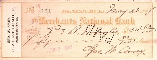 Geo W Amey Coal and Lumber Check Quakertown PA Merchants National Bank 1907