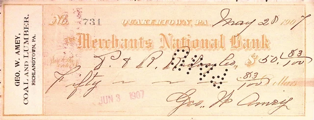 Geo W Amey Coal and Lumber Check Quakertown PA Merchants National Bank 1907