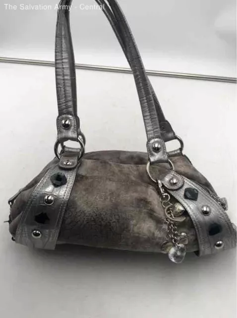 Kathy Van Zeeland Womens Silver Leather Studded Zipper Shoulder Strap Duffle Bag