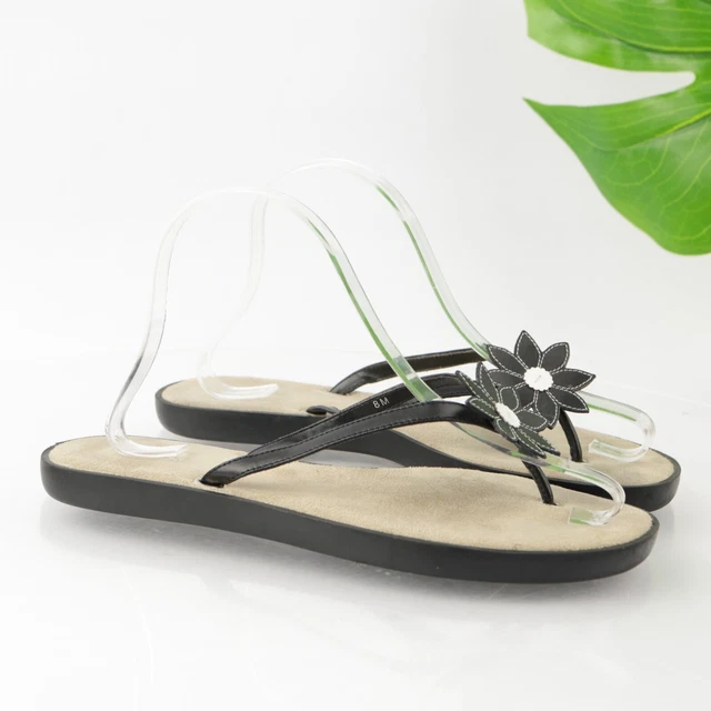 Bass Women's Petunia Slide Sandal Size 8 Thong Flip Flop Black Leather Flower
