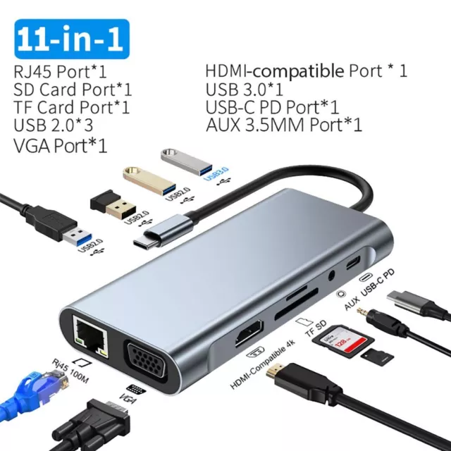 11 in 1 USB-C Hub Adapter Docking Station Dock 4K HDMI VGA Audio SD Macbook