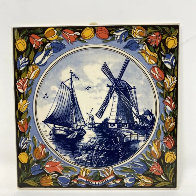 Vintage Delft Wall Tile Windmill Tulips Holland Hand Painted Decorative