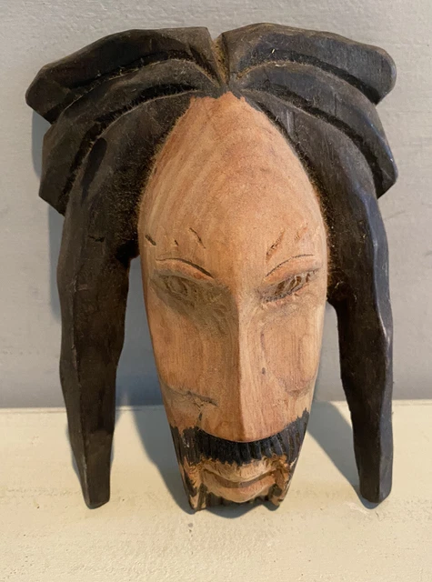Hand carved and stained wooden man’s face￼ Rasta Dreadlocks Bob Marley Rustic 2