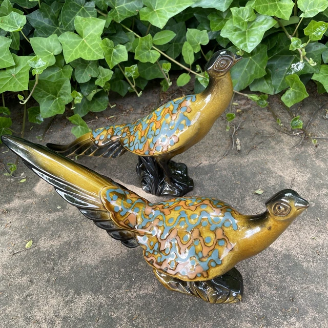 POTTERY PAIR DRIP Glaze Decorated Ceramic Bird Statue Mid Century MCM
