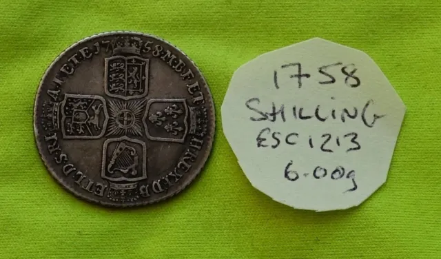 1758 Silver One SHILLING Coin King George II (1727-60) 6.00g ESC1213