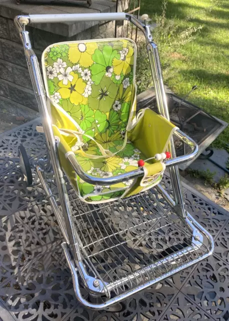 Vintage Peterson Baby Stroller Retro Fold Up Metal Frame Green Flowers 60s 70s