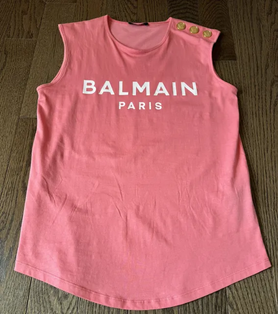 Balmain Womens Logo Print Cotton Tshirt With Gold Embossed Buttons, Size Xs