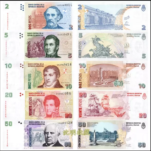 Argentina set 5 PCS, 2 5 10 20 50 Pesos, 2013-2018 banknotes collection UNC