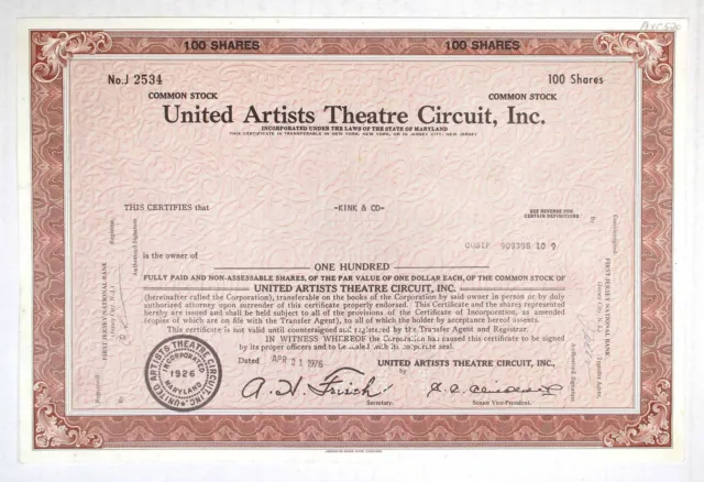 MD. Untied Artist Theatre Circuit, Inc., 1977. 100 Shrs I/C Stock Cert. XF-AU.