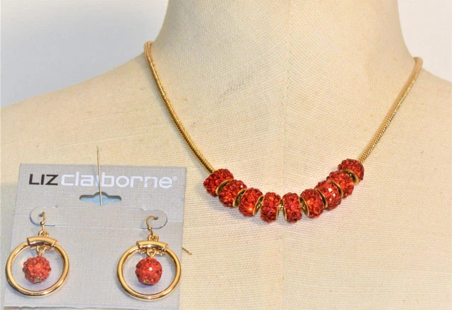 Nwt Liz Claiborne Rouge Sparkle Faux-Diamants Ensemble 16 " Collier Percé