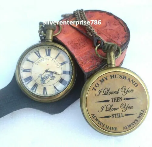 Antique Brass Clock to My Husband '' I Love You | Brass Pocket Watch Gift