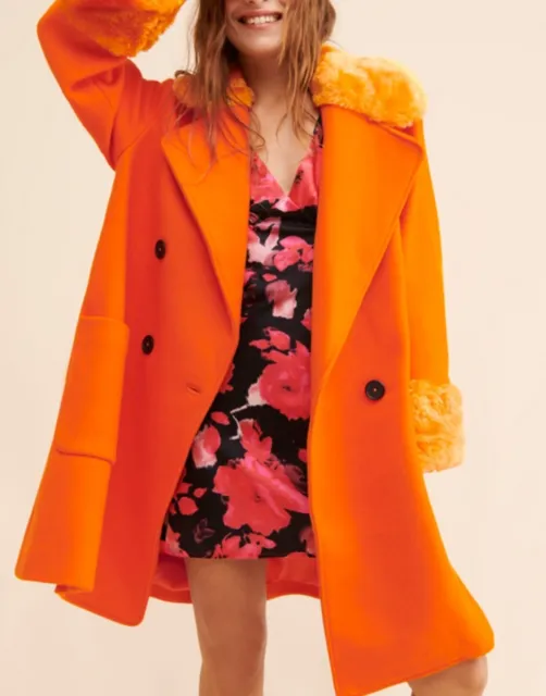 Free People Roxy Wool Oversized Coat Faux Fur Trim Orange Size M NWOT