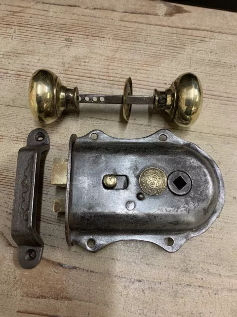 Old Victorian rim lock Vintage Antique Brass Door Knobs Keep Handles Reclaimed