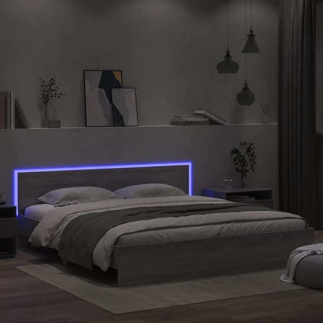BED FRAME WITH Headboard and LED Grey Sonoma 180x200 cm Super King Size